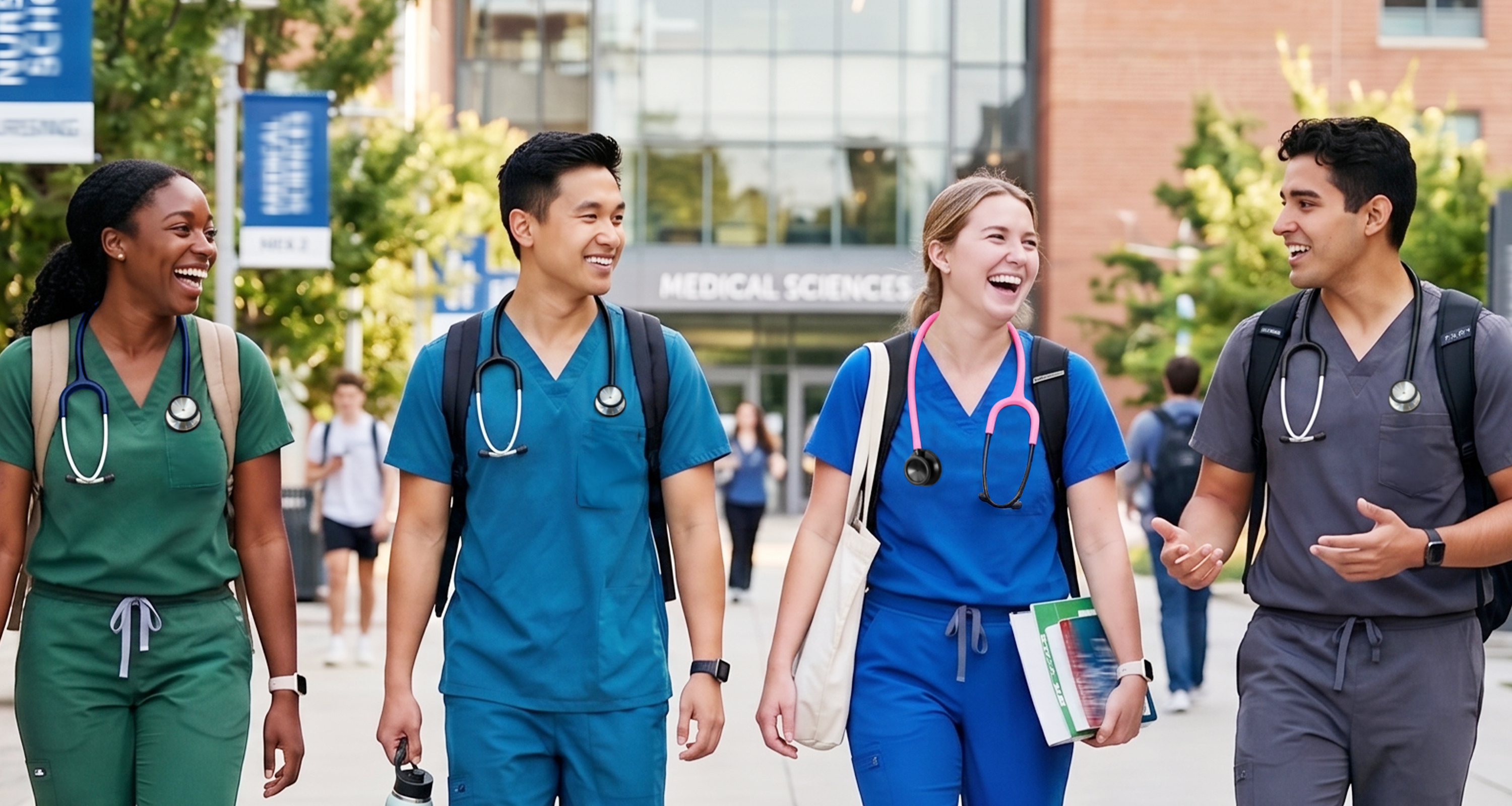 Healthcare students walking together on campus