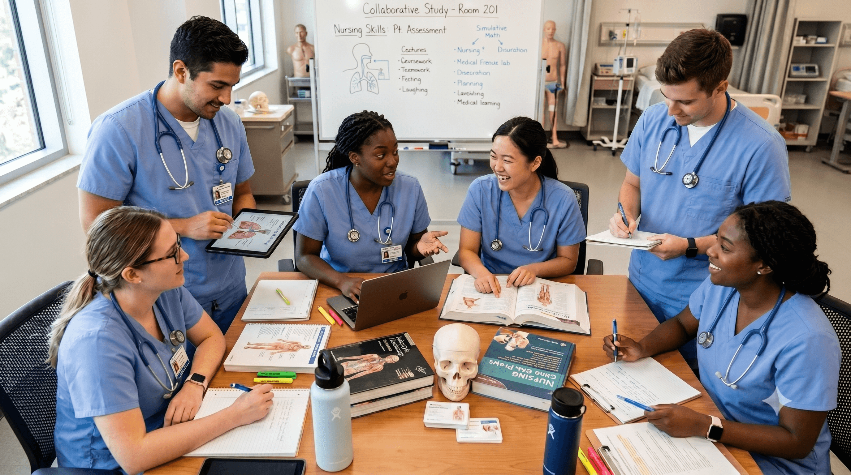 Healthcare students studying together in a skills lab