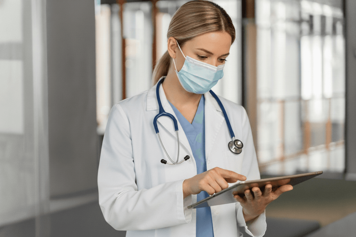 Healthcare professional reviewing notes on a tablet