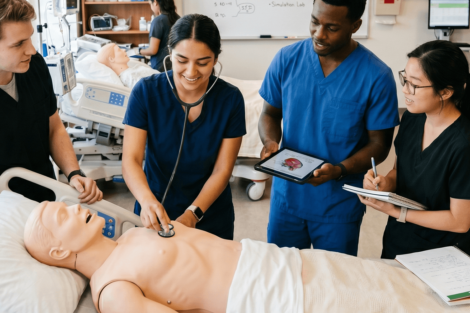 Healthcare students practicing clinical skills in a simulation lab