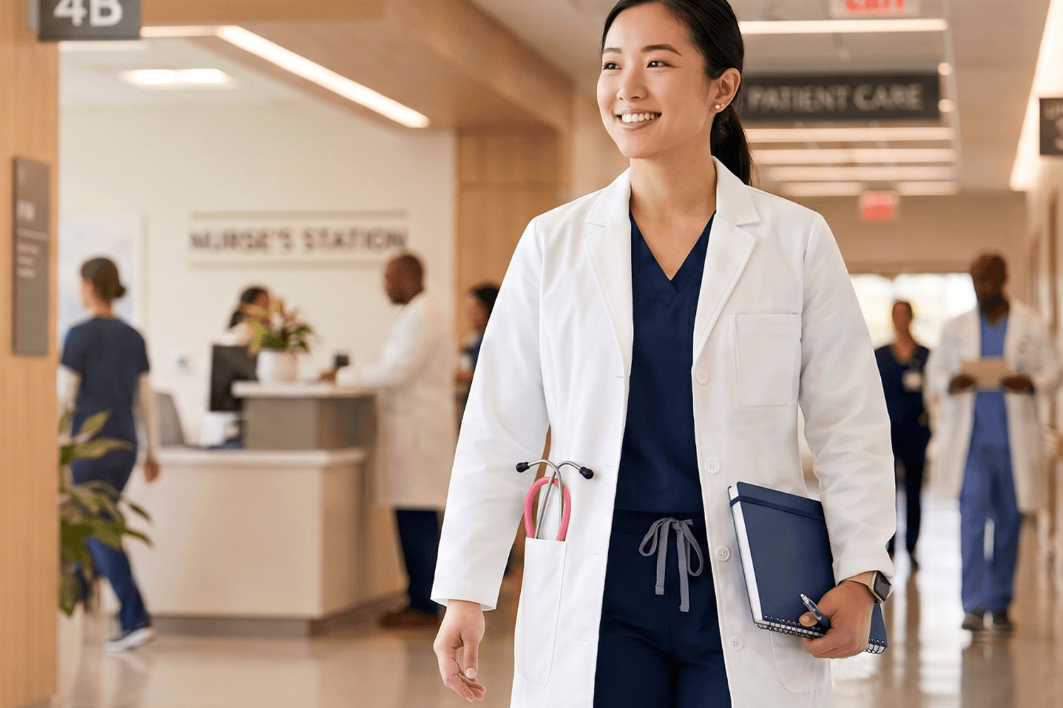 Healthcare professional walking through a hospital corridor