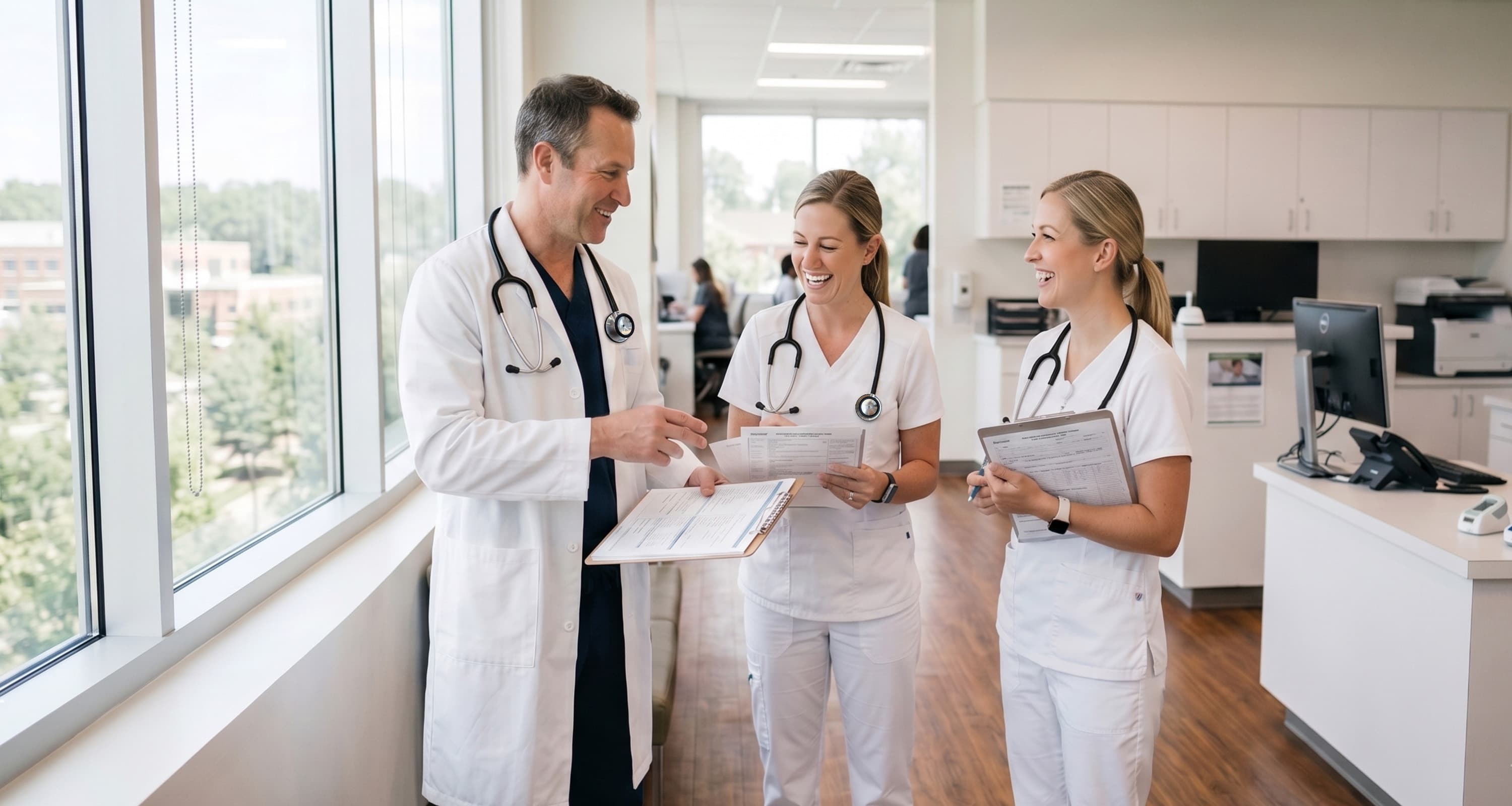 Healthcare professionals discussing notes in a clinical office